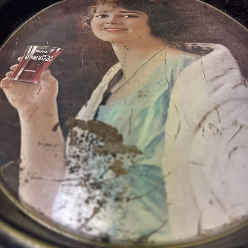 1983 oval Coca-Cola metal serving tray LADY IN BLUE DRESS reproduction 15x 12
